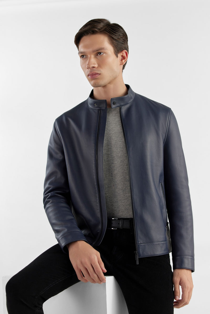 Navy Nikolai Leather Jacket – Perona AE